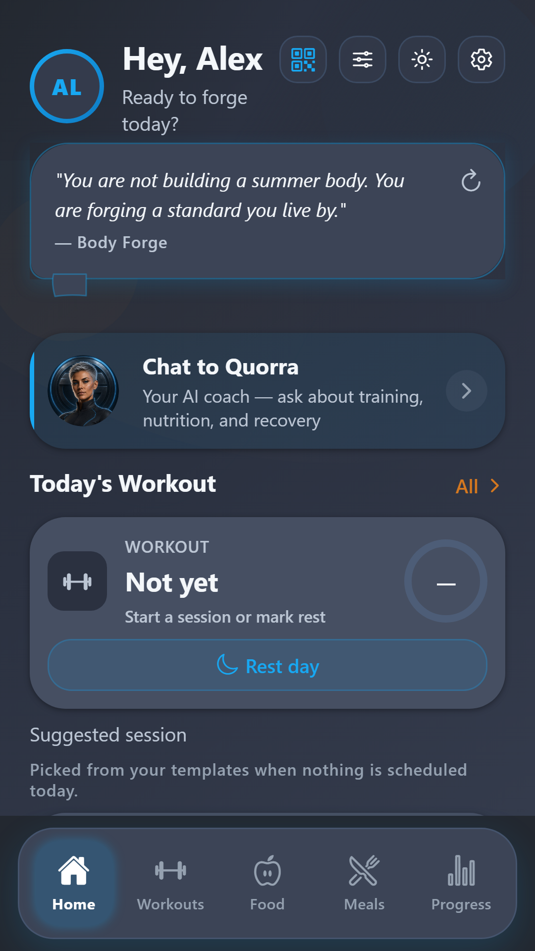 BodyForge home dashboard screen