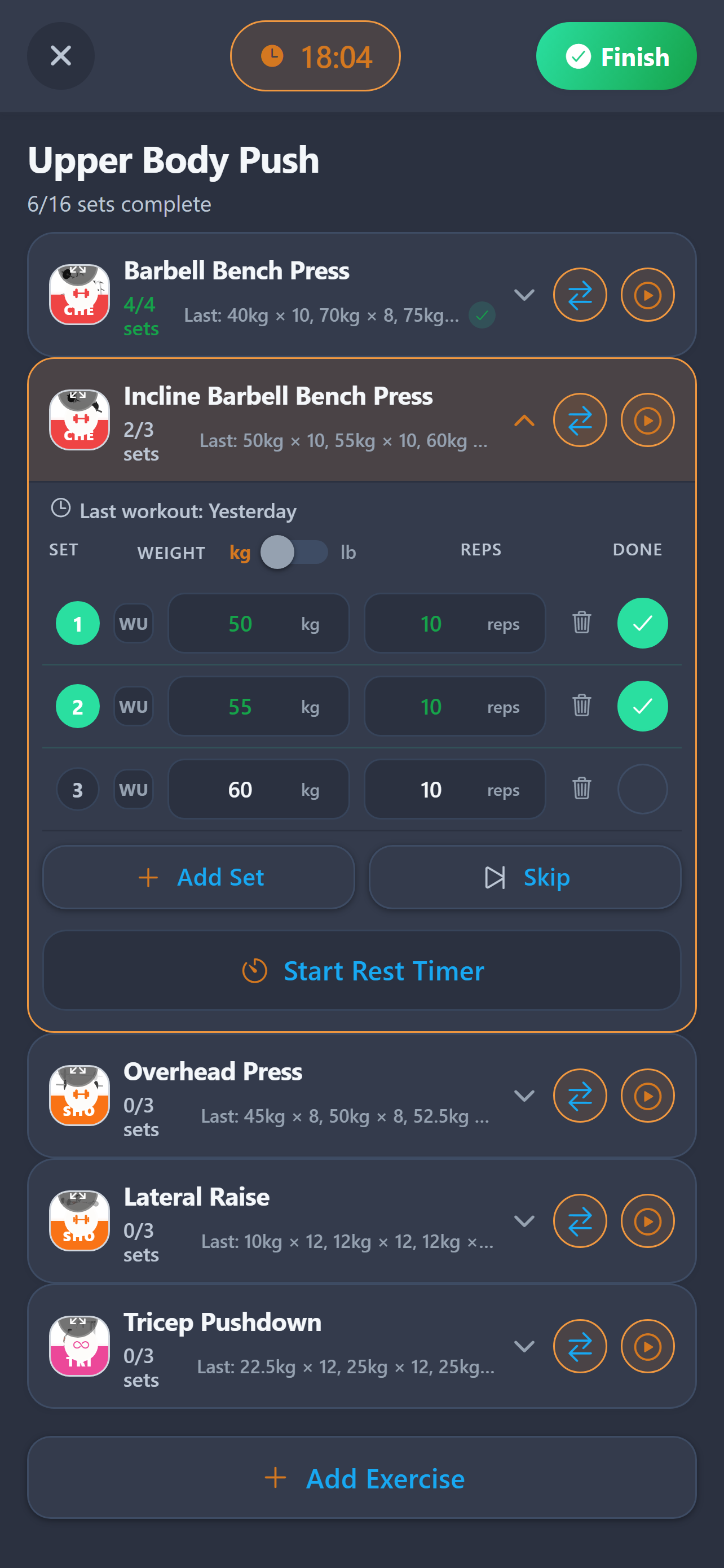 BodyForge active workout tracking sets, reps and rest timer