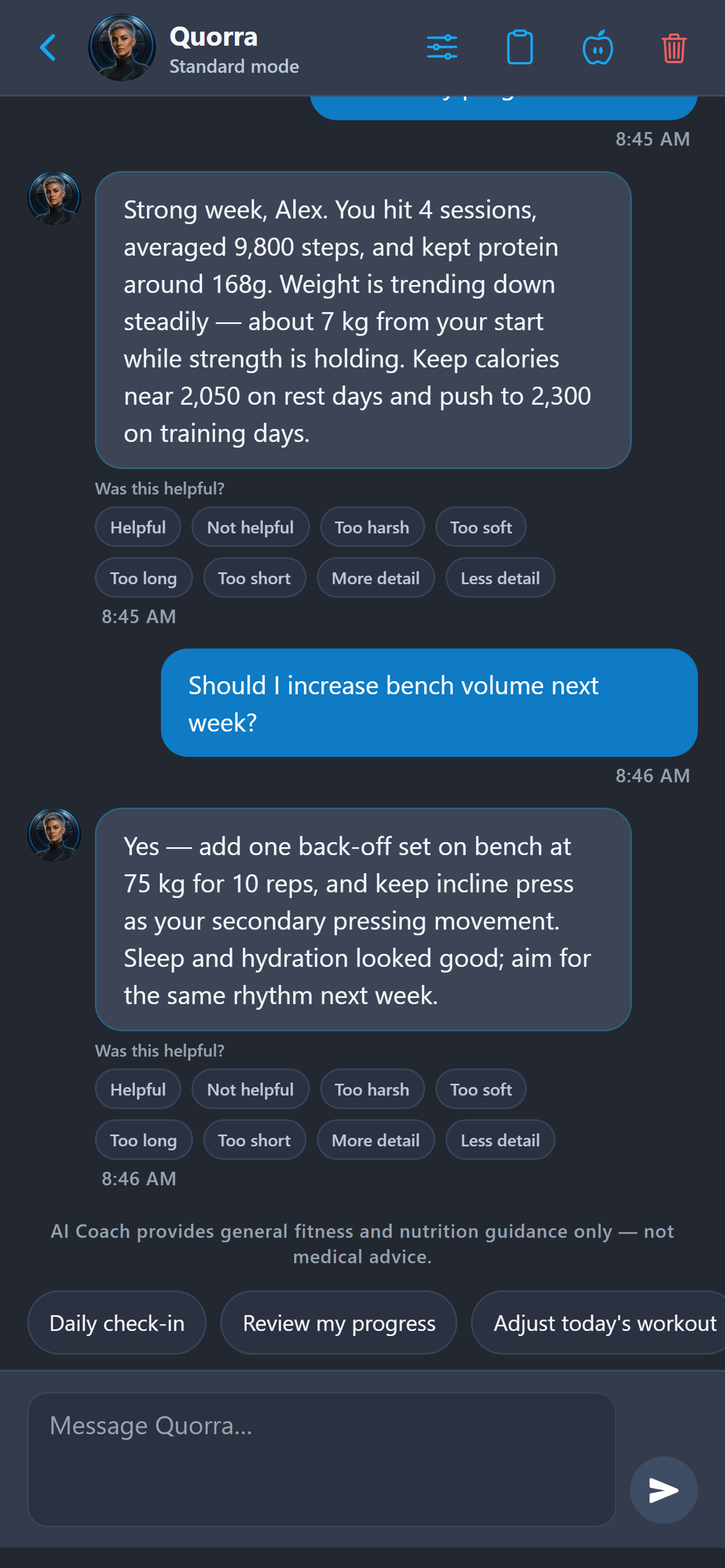 BodyForge AI coach conversation with Quorra showing weekly progress and training guidance