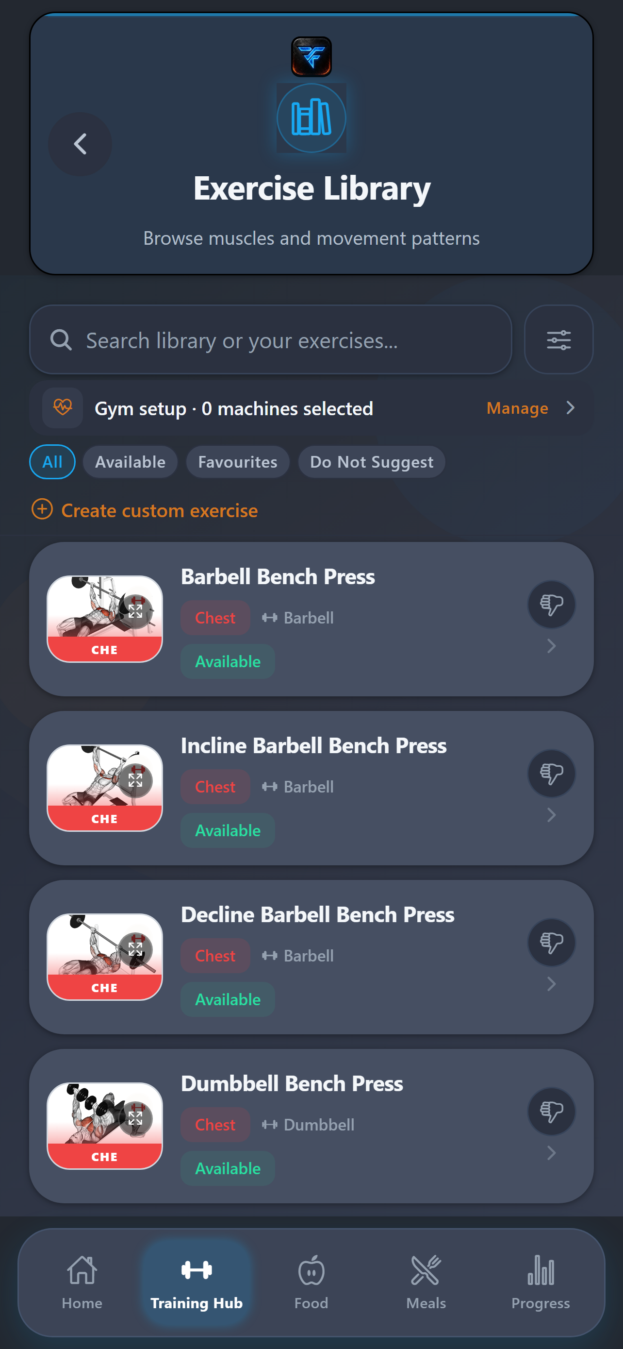 BodyForge exercise library with muscle filters and demonstrations