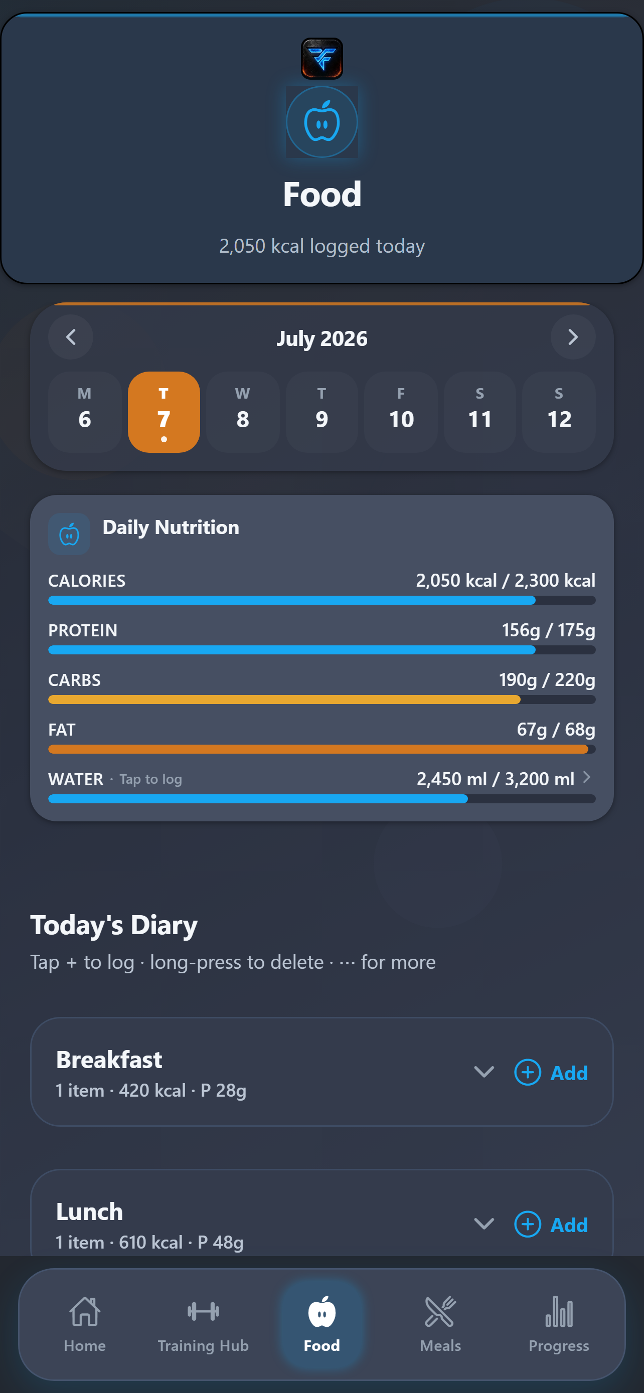 BodyForge food diary with daily macro targets and meal logging