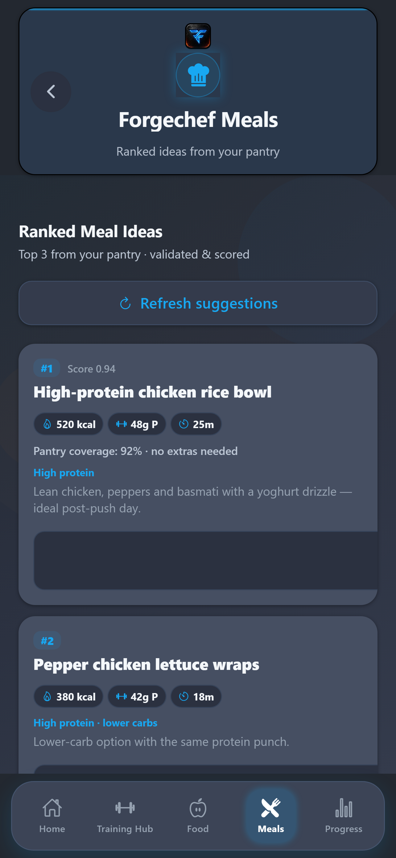 BodyForge ForgeChef ranked high-protein meal ideas from your pantry