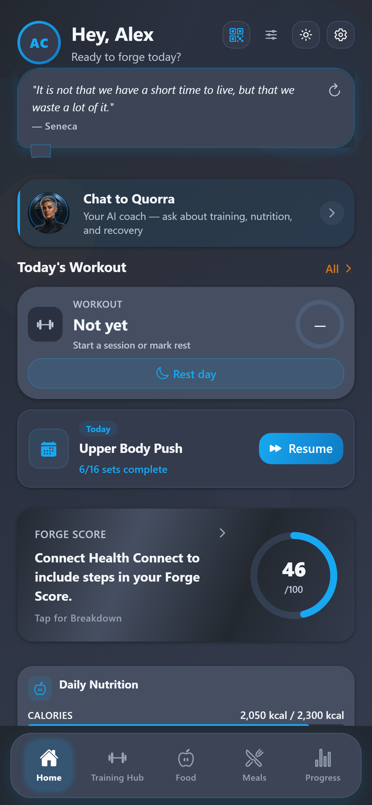 BodyForge home dashboard with Hey Alex greeting, Quorra coach card and Forge Score