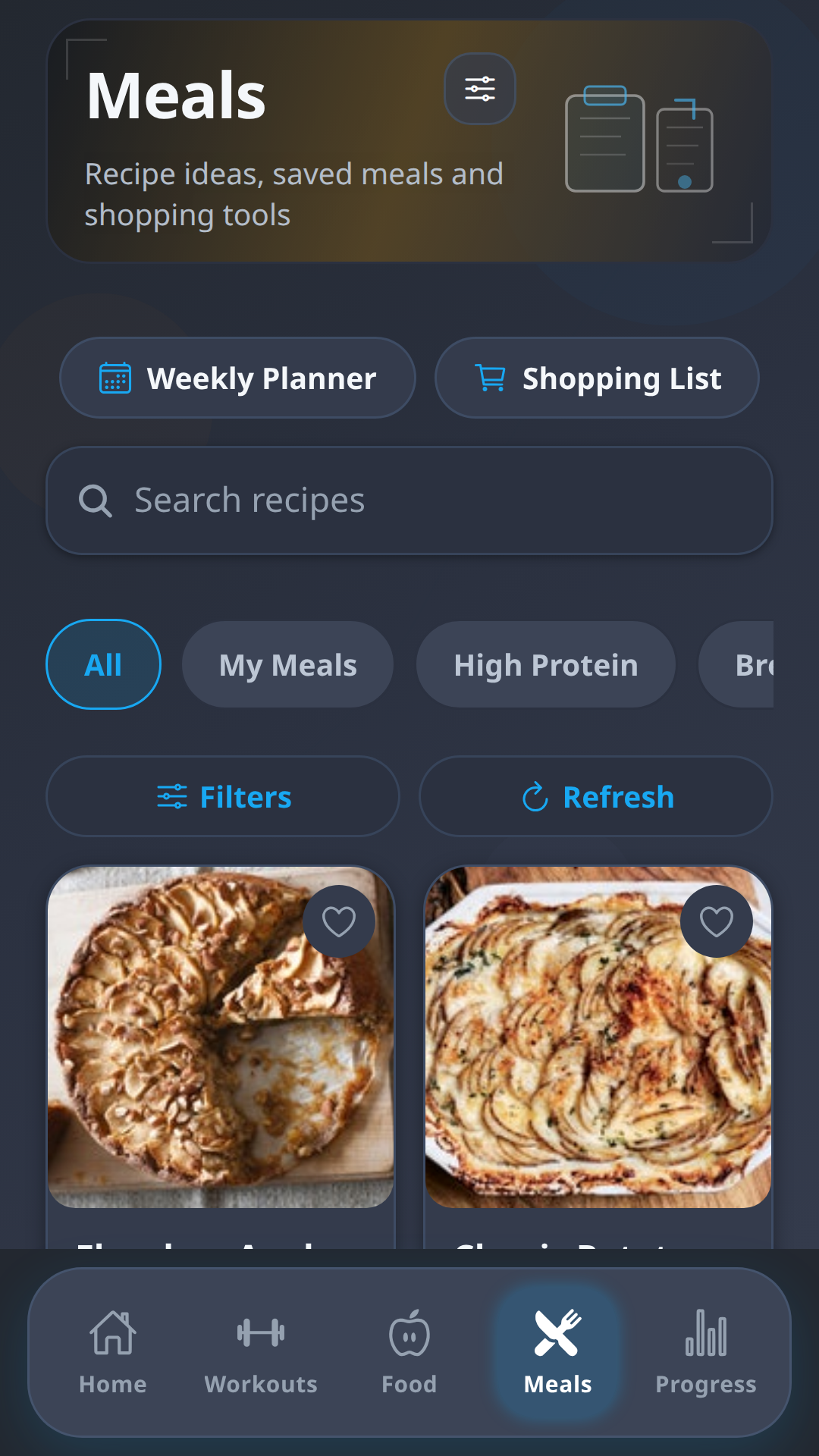 BodyForge Meals tab with offline recipe catalogue, filters, weekly planner and shopping list
