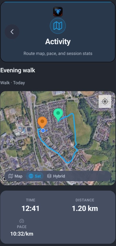 BodyForge completed Evening walk with satellite map, blue GPS route, distance and pace stats