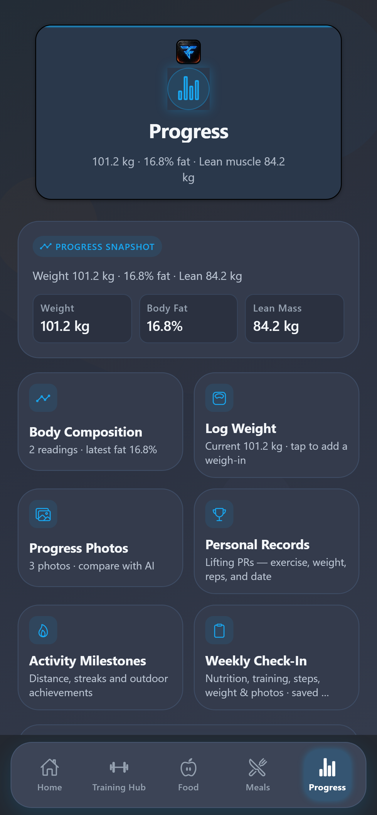 BodyForge progress hub with weight, body composition, photos and personal records