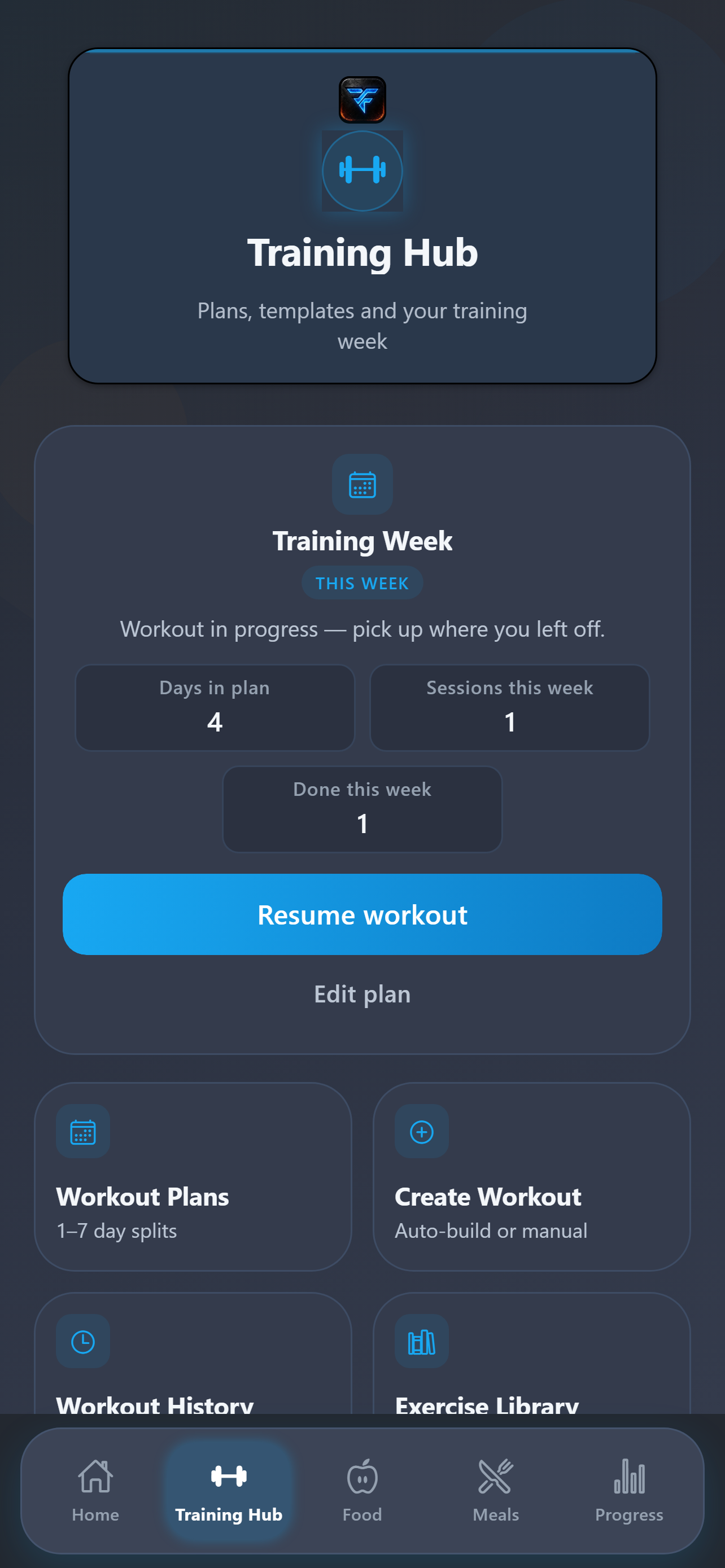 BodyForge Training Hub with weekly plan, resume workout and session stats